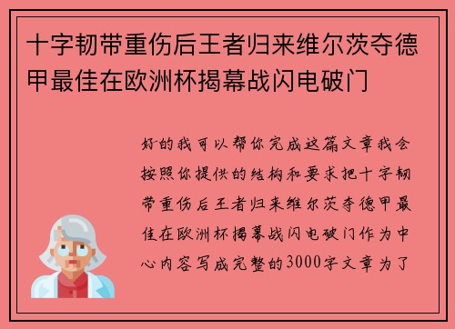 十字韧带重伤后王者归来维尔茨夺德甲最佳在欧洲杯揭幕战闪电破门