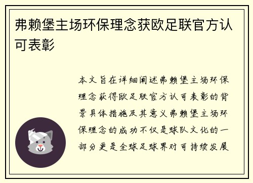 弗赖堡主场环保理念获欧足联官方认可表彰